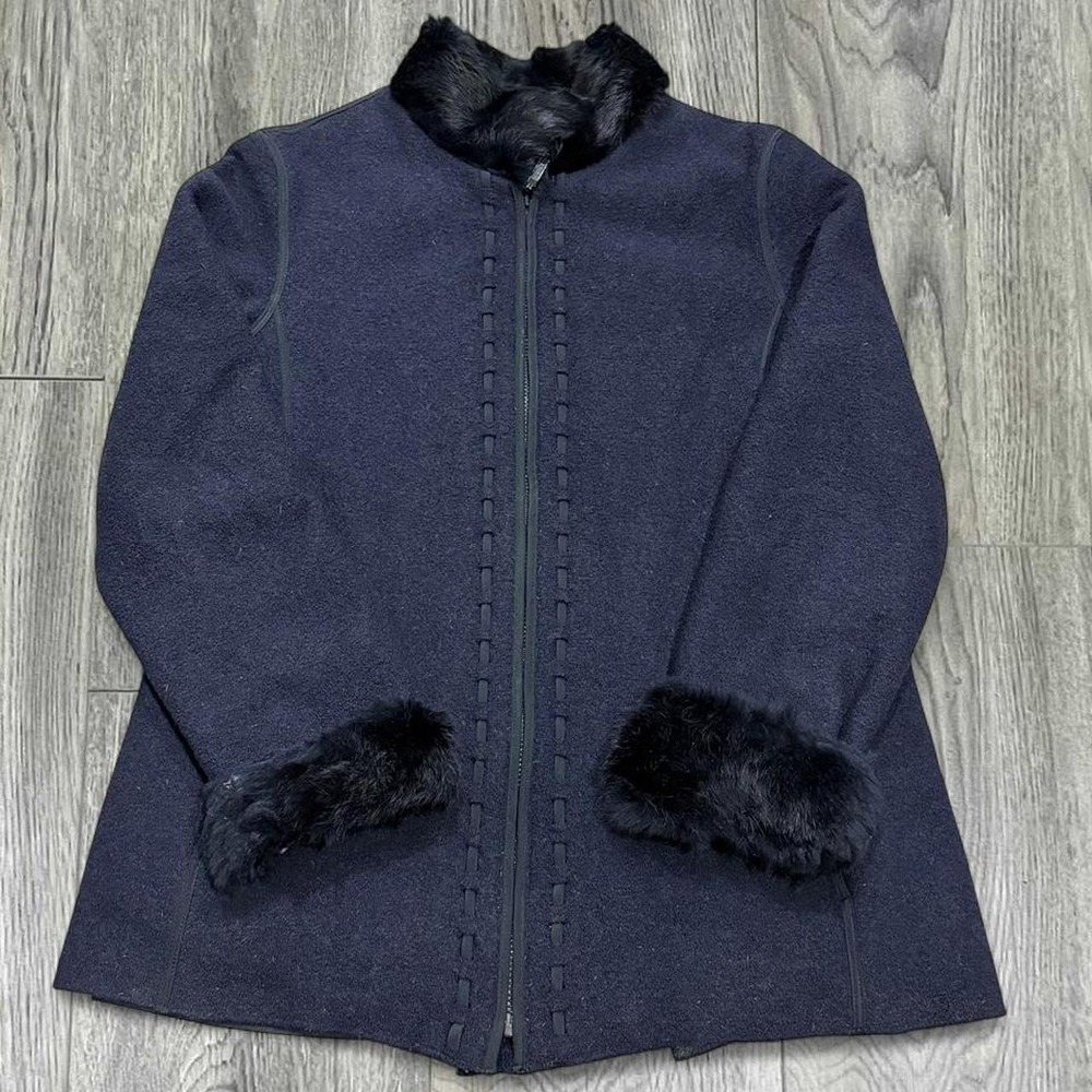 VINTAGE 80s Hilary Radley Wool Jacket M Navy Fur Trim Leather Braided Full Zip